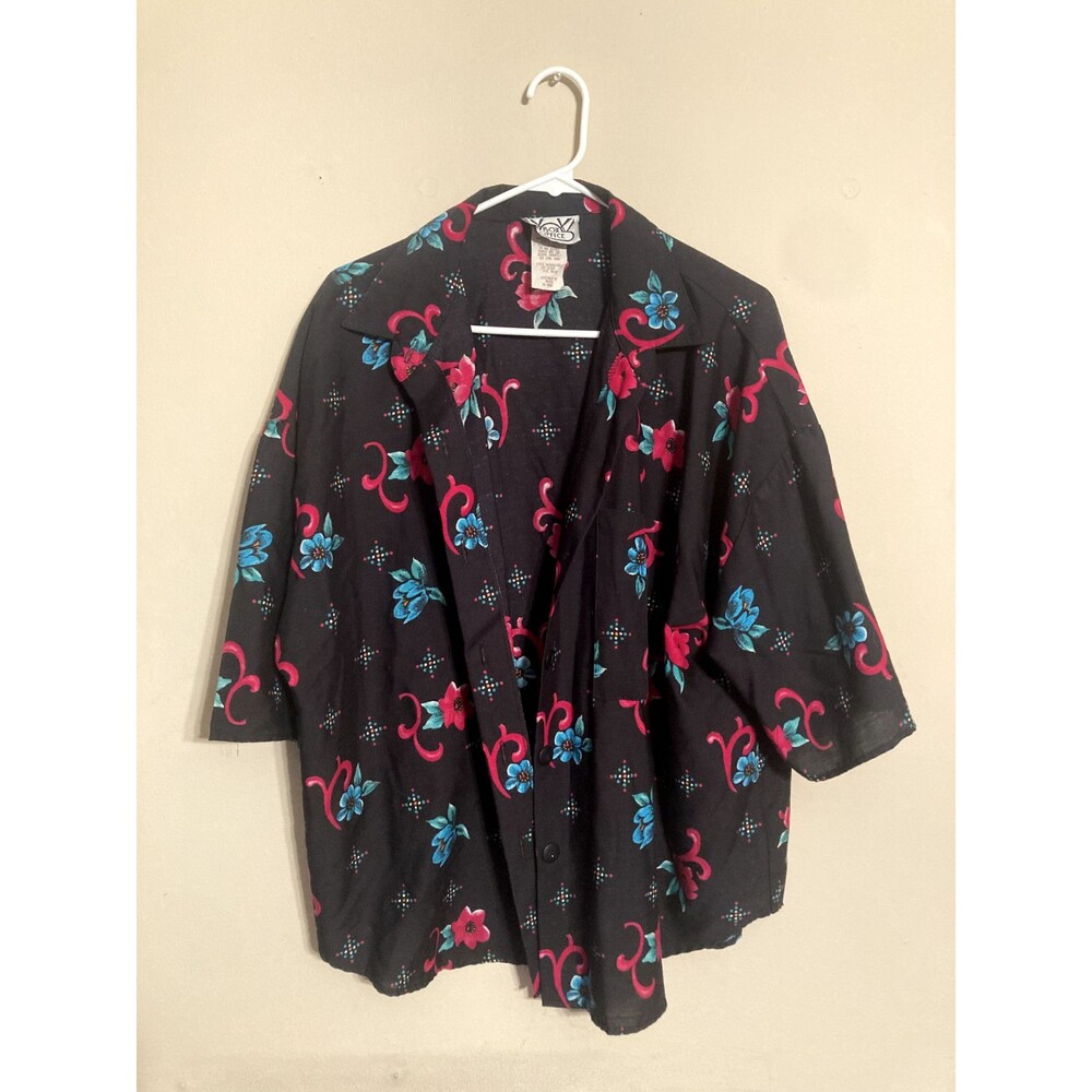VINTAGE Box Office Top Women Black Pink Blue Button Up Blouse Colorful - size XL